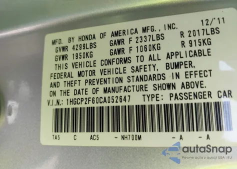2012 Honda Accord 2.4 Se from USA, damaged, VIN 1HGCP2F60CA052647